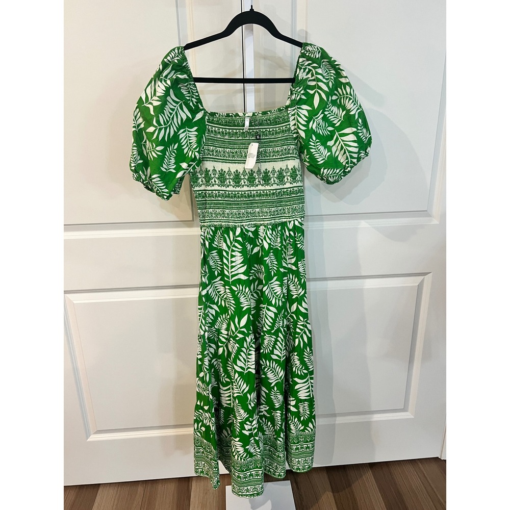 Kaktus NWT Green Tropical Leaf Smocked Midi Dress Puff Sleeve Large MSRP $49